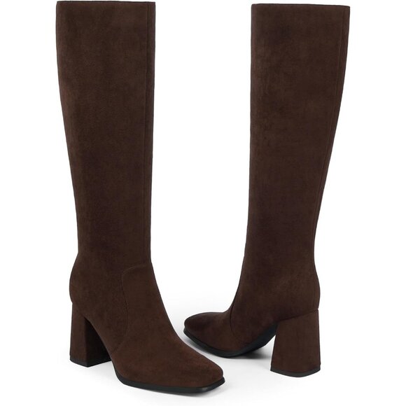 Women's Dark Brown Modatope Knee High Heel Square Toe Side Zippe Long boots - Picture 4 of 9